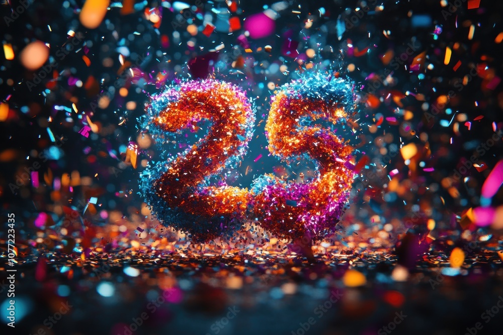 Poster the number 25 is rendered in 3d with colorful confetti exploding around it.