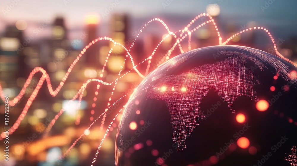 Poster illuminated globe with abstract lines and a cityscape background