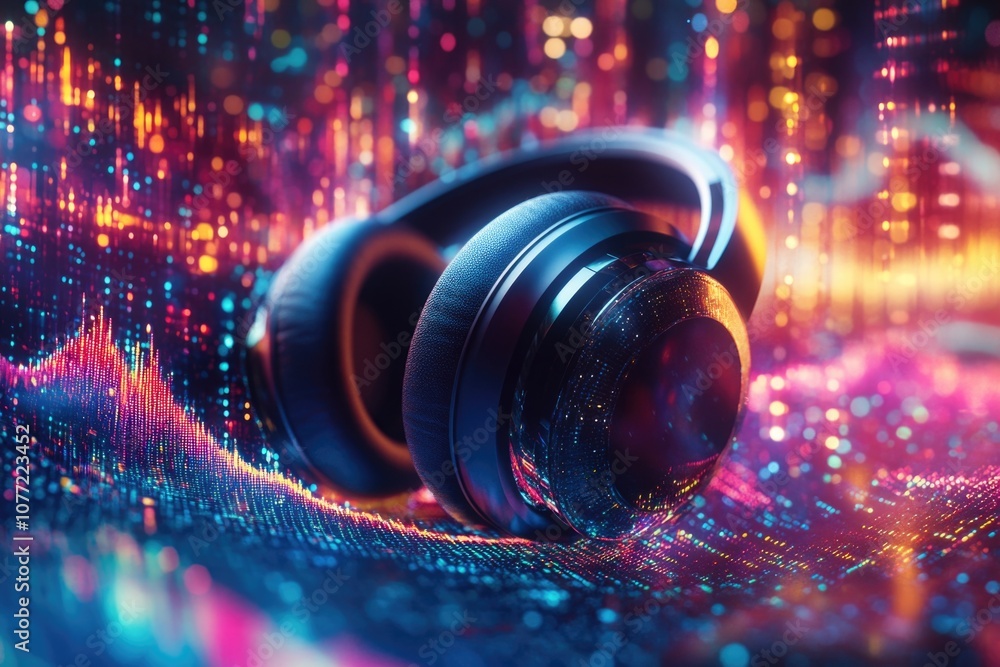 Poster A pair of headphones resting on a table with a flat surface, no other objects in sight