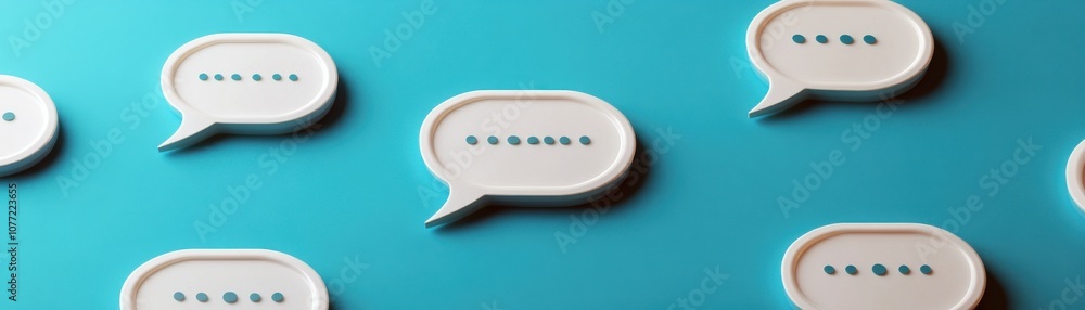 Poster a vibrant blue background features several white speech bubbles, symbolizing conversation and commun