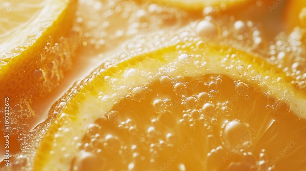 Poster this captivating closeup features vibrant orange slices in sparkling juice, showcasing a refreshing 