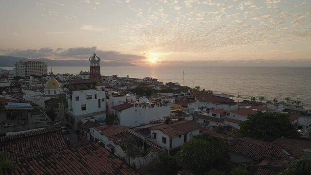 View from Faro de Matamoros Lighthouse in Colonia Centro, beach and sunset in the background Puerto Vallarta, Jalisco, Mexico