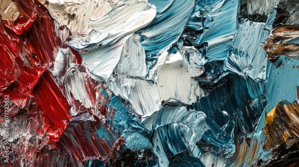 Poster a detailed view of a vibrant painting with various colors and textures