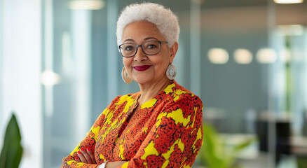 Retrato de uma empresária sênior diversificada e confiante, com os braços cruzados no escritório moderno