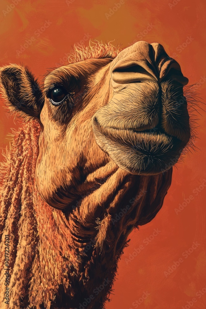 Poster close-up shot of a camel's face with a bright red background, perfect for illustrations or design pr