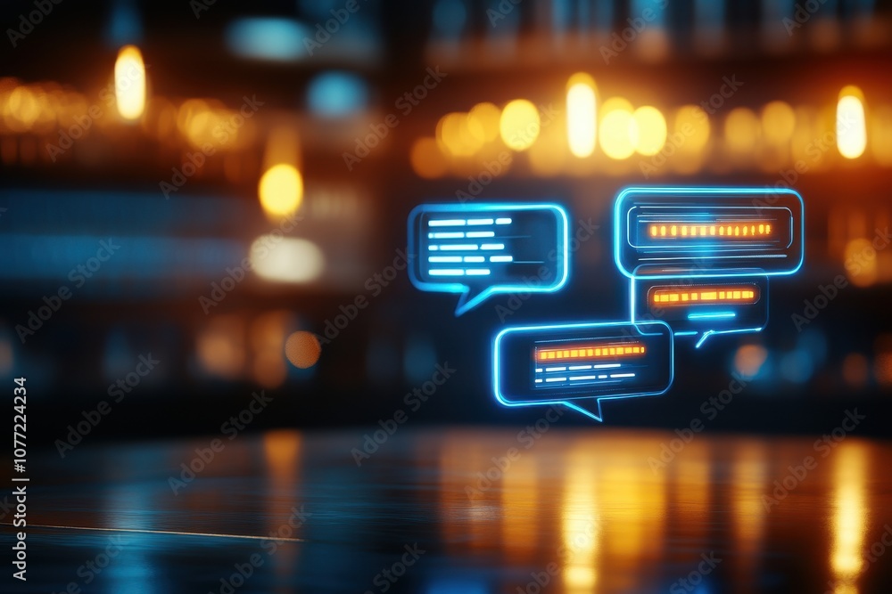 Leinwandbilder the image depicts glowing chat bubbles with text, set against a blurred backdrop of warm lights, cre