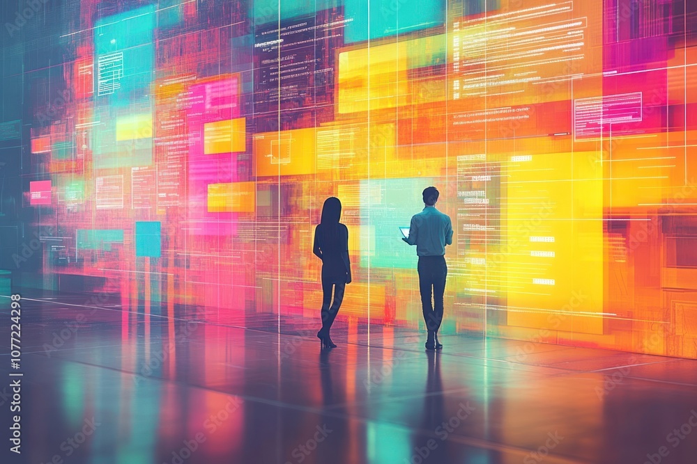 Poster two people stand in front of a wall of colorful, glowing squares, representing data and code.