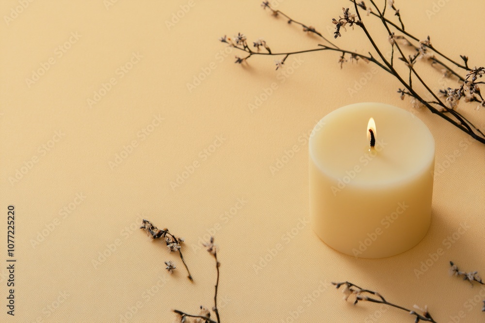 Poster a single lit candle placed on a table, ready for use