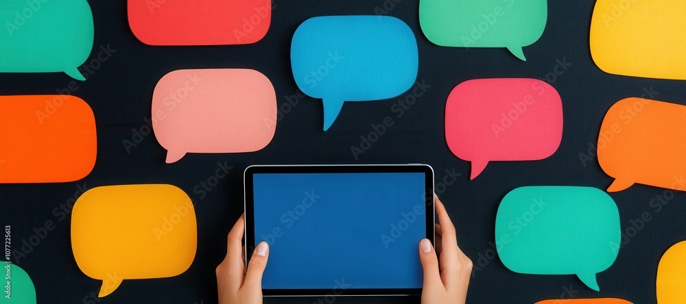 Poster A person holds a tablet in front of a colorful background of speech bubbles, symbolizing communication and digital interaction.