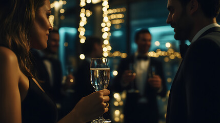 A professional New Years Eve corporate party in a sleek modern office with colleagues networking dressed in formal attire and enjoying a champagne toast.