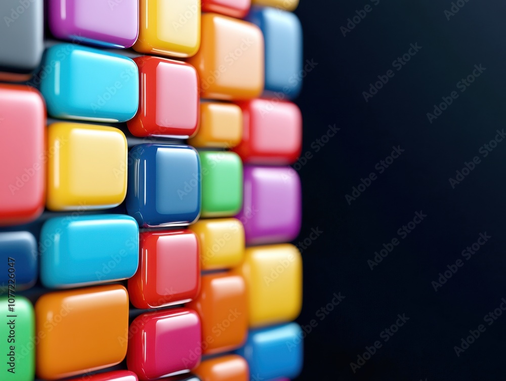 Fototapete A colorful arrangement of block-like shapes, creating a vibrant pattern against a dark background, showcasing depth and texture.