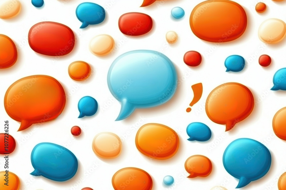 Poster a vibrant, colorful pattern of speech bubbles in various sizes and colors, representing communicatio