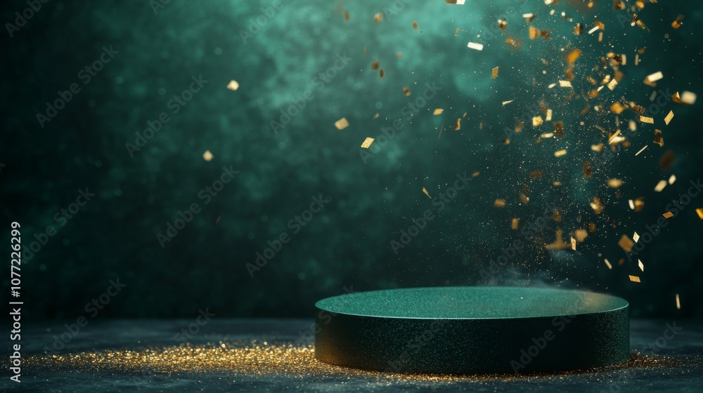 Poster Golden particles rise and shimmer above a circular dark platform, illuminated by soft green light, creating an enchanting atmosphere captured in a moment of suspended magic.