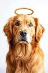 A dog wearing a halolike crown, ideal for use in whimsical or humorous contexts