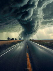 A fierce tornado and heavy rain engulf a highway, the dark clouds and wind creating an intense atmosphere.