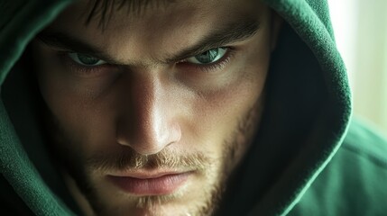 Fototapeta premium A man in a green hoodie looking at the camera