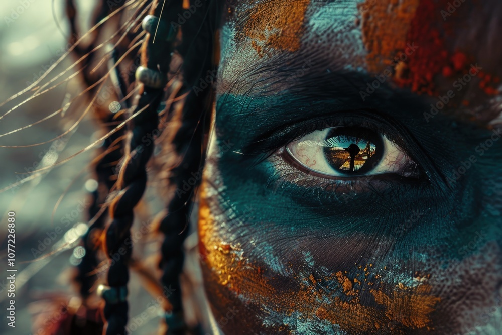 Poster close-up of a person's face with colorful paint, can be used for creative projects or as a concept a