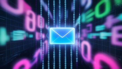 Obraz premium The virtual email interface,A glowing blue mail icon surrounded by streams of digital data