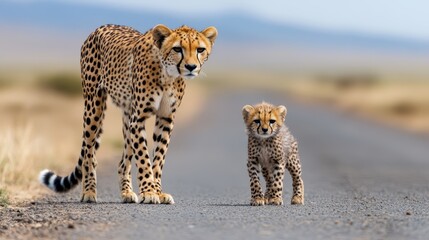 A cheetah and her cub walking down a road