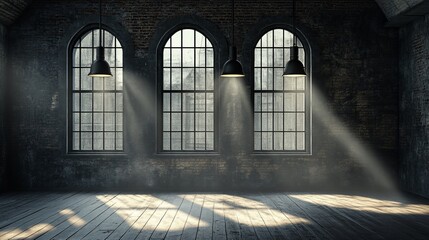Fototapeta premium Sunbeams stream through arched windows in a dark, industrial space.