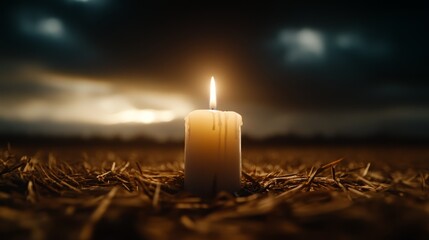 A single white candle sitting on top of a pile of hay