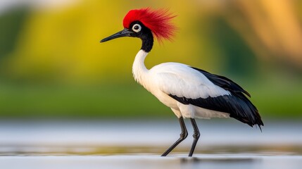 Naklejka premium A bird with a red mohawk standing in the water