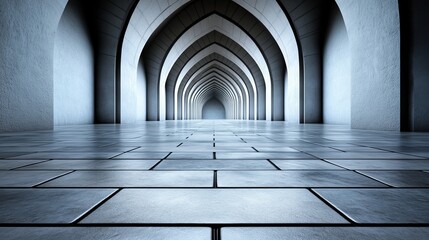 A long hallway with arches and tiled floor in a building