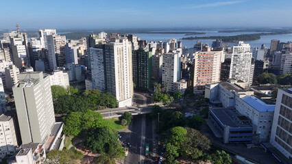 Naklejka premium Porto Alegre Skyline At Porto Alegre In Rio Grande Do Sul Brazil. Highrise Buildings. Cityscape Scenery. Beautiful Sunny Day. Porto Alegre Skyline At Porto Alegre In Rio Grande Do Sul Brazil. 