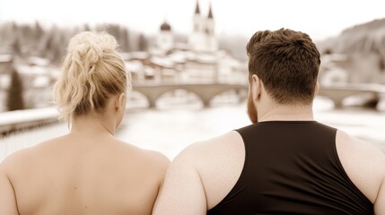 Fototapeta premium A man and a woman standing next to each other on a bridge