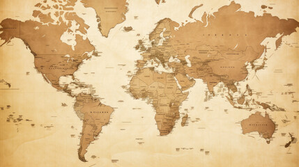 An intricate vintage world map with detailed country names in a faded sepia tone for classic aesthetics.