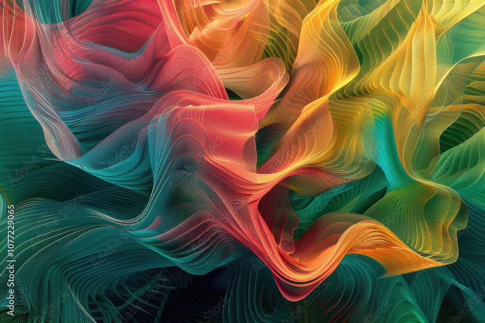 Poster close-up shot of a vibrant, colorful fabric with intricate patterns and textures