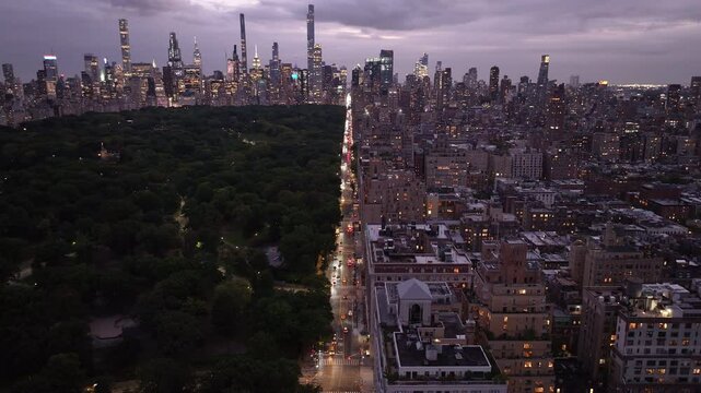 Aerial view of Central Park and the Manhattan skyline at night