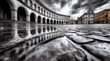 Obraz premium A black and white photo of a puddle of water in front of a building