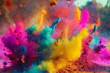 Colorful holi colors thrown into the air. Vivid colored dried powder. Festive background.