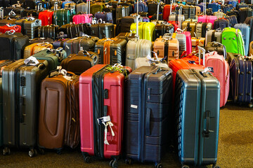 Many different sizes and colors variegated rolling travel suitcases in the airport baggage terminal