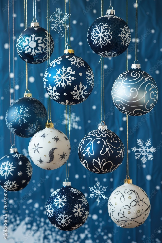 Poster ornaments hanging from strings in various shapes and sizes