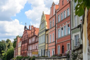 Fototapeta premium Colorful buildings along a riverbank with water and trees in the background