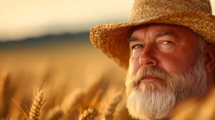 Fototapeta premium A man in a straw hat standing in a field of wheat