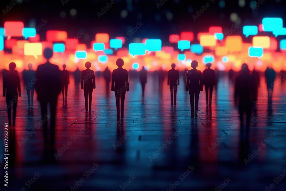 Poster silhouetted figures stand against a vibrant background of glowing red and blue squares, creating a d
