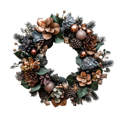 Fototapeta premium elegant decorated Christmas wreath isolated on transparent background. Design element for Christmas card, Christmas invitation card. Beautiful Christmas decoration, Christmas baubles. 