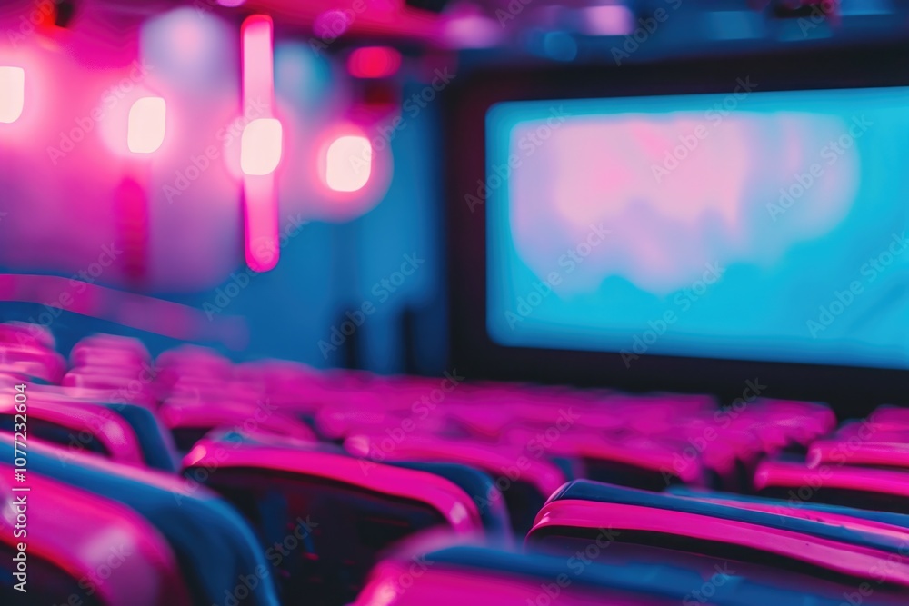 Poster rows of seats and a large screen inside a movie theater