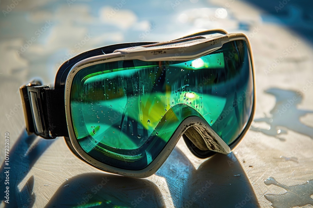 Poster a pair of goggles resting on a table surface