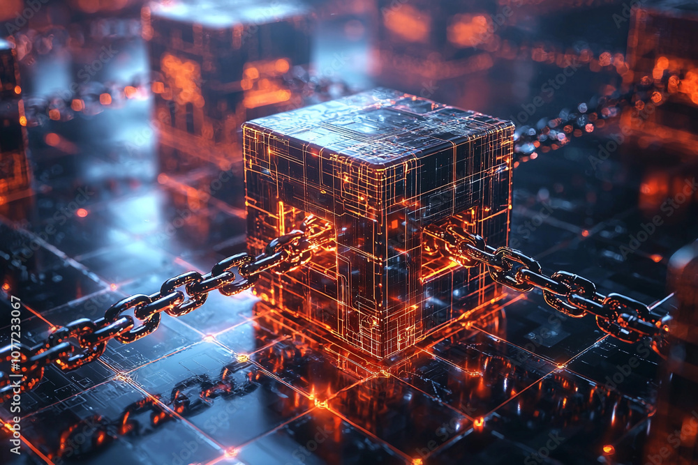 Poster digital blockchain concept with glowing cubes and chains at night