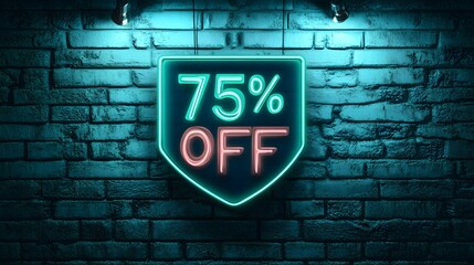 Fototapeta premium Dark Green Neon '75% OFF' Sign on a Brick Wall