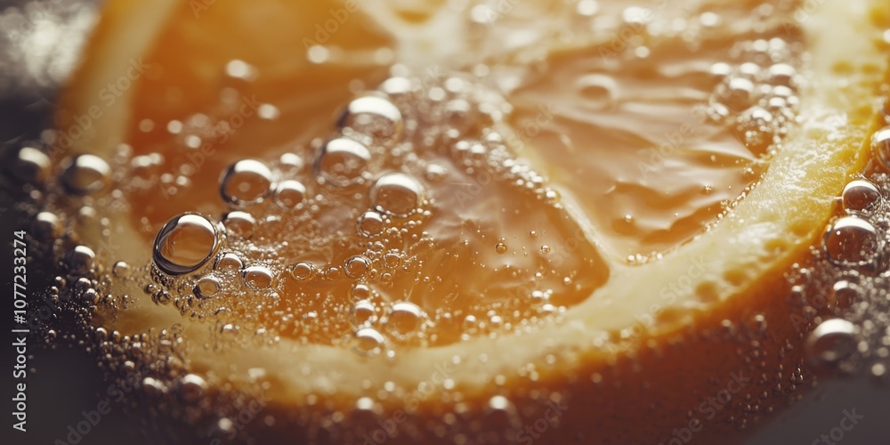 Poster a vibrant closeup image of a sparkling orange slice presented in refreshing juice, skillfully captur