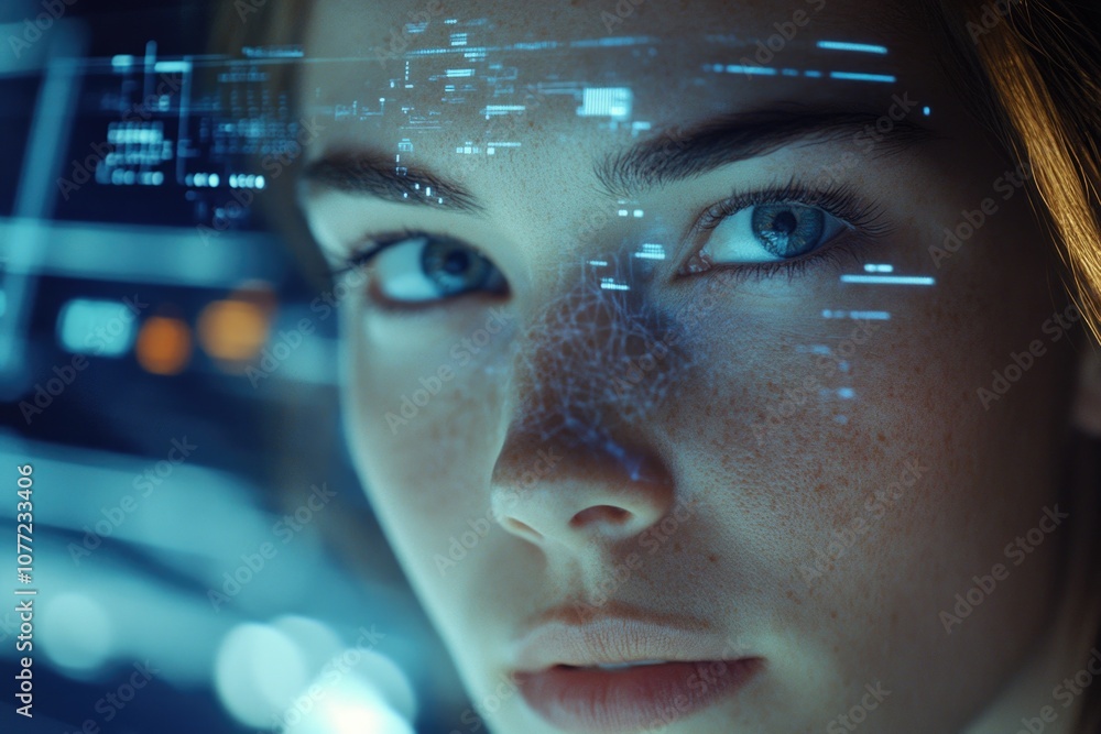 Aufkleber A close-up shot of a woman's face with a computer screen visible in the background