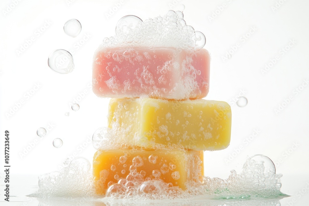 Poster A close-up view of four soap bars floating on the surface of calm water
