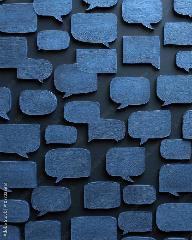 Poster a textured pattern of blue speech bubbles on a dark background, suggesting communication and convers