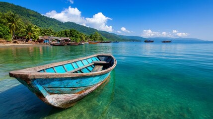 Fototapeta premium A blue boat sitting in the middle of a body of water