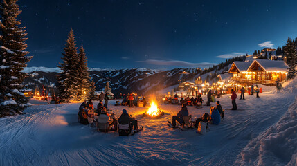 A scenic mountain resort celebrating New Years Eve with skiers by a large bonfire sipping hot chocolate under starry skies.